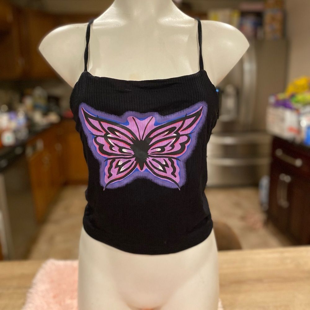 NWT Ella Viva Y2K Butterfly Lace Up Back Ribbed Cami Crop Top Womens XL Black